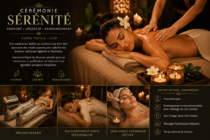 Carte cadeau Cérémonie Sérénité au Spa de Caroline comprenant pressothérapie, enveloppement corps, soin visage Sothys et massage relaxant pour une expérience de bien-être et de ressourcement.